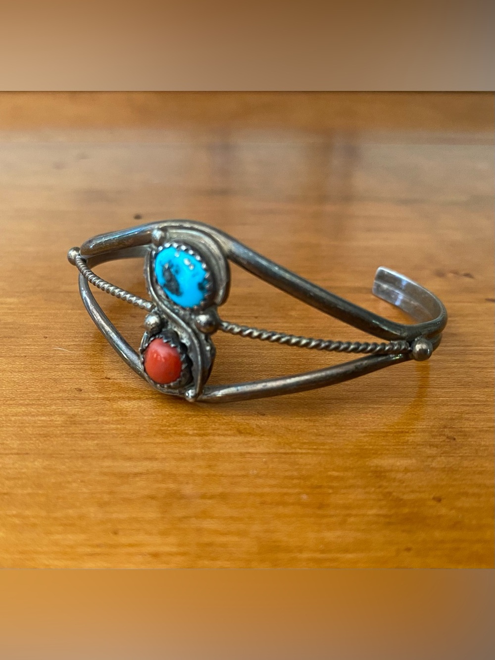 Vintage Native Sterling Silver Turquoise Coral Bracelet size 6 1/4”
